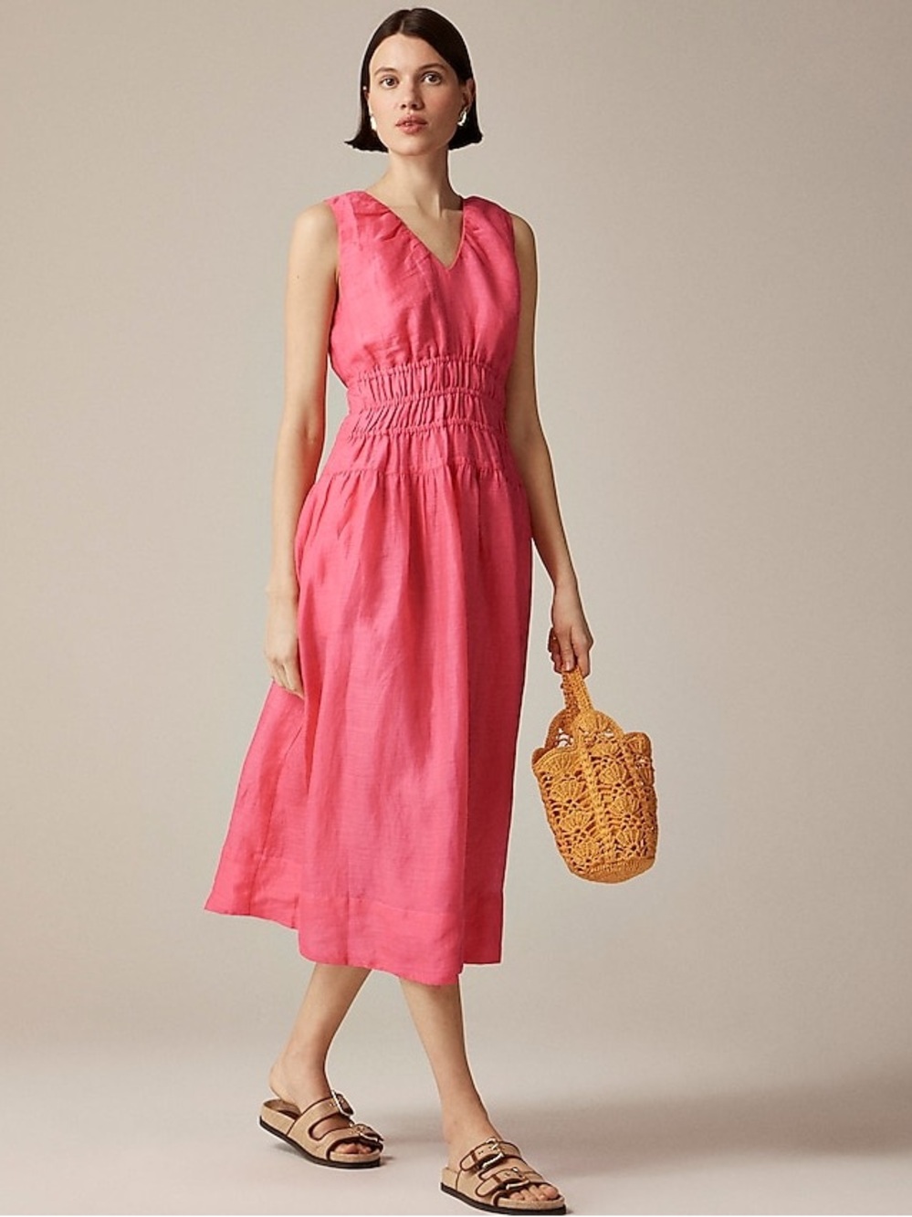 J.‎ Crew Hyacinth Pink V-Neck Ramie Fabric Smocked-Waist Midi Dress Small